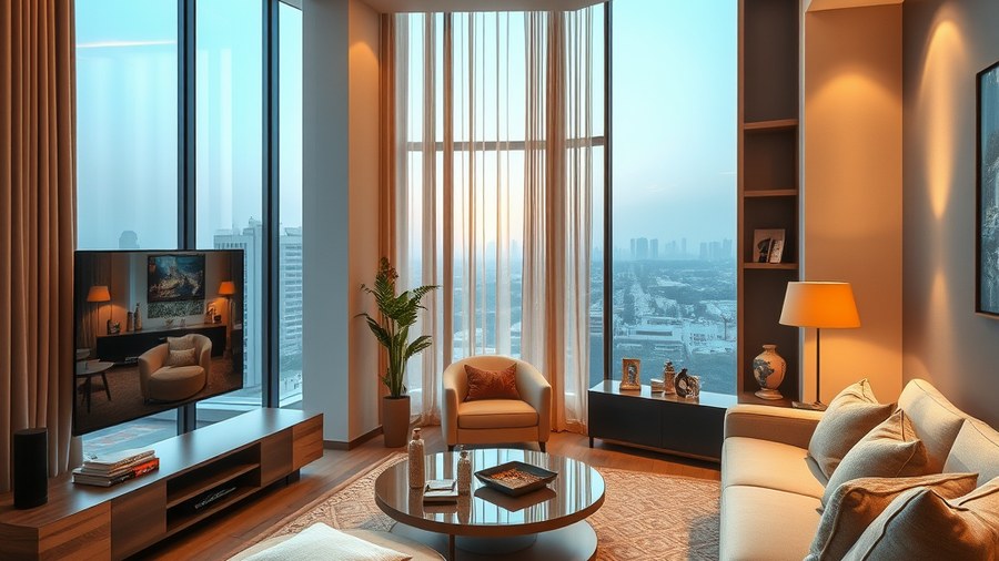 cozy living room with a rotating TV unit and a view of the city · interior design concept by Design Within