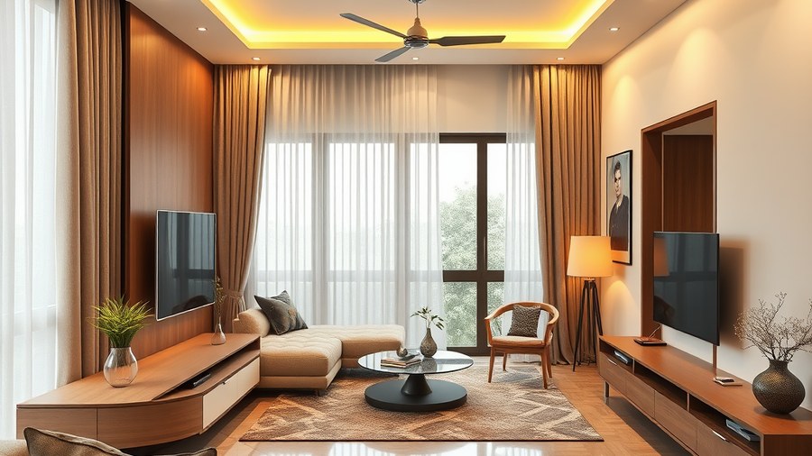 modern living room with a rotating TV unit in an Indian 3BHK apartment · interior design concept by Design Within
