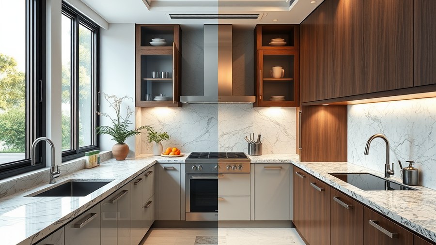 side-by-side comparison of marble and granite countertops in Indian kitchen · interior design concept by Design Within