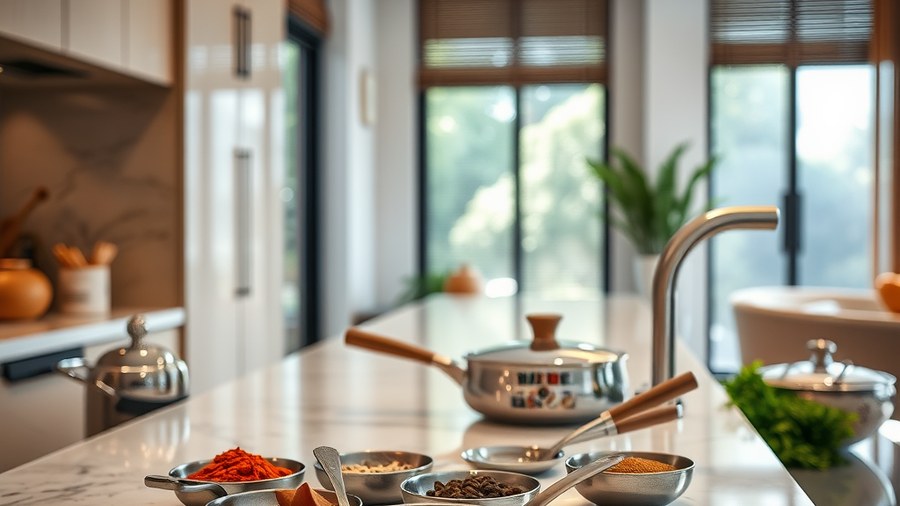 close-up of engineered quartz countertop with Indian spices and cookware · interior design concept by Design Within