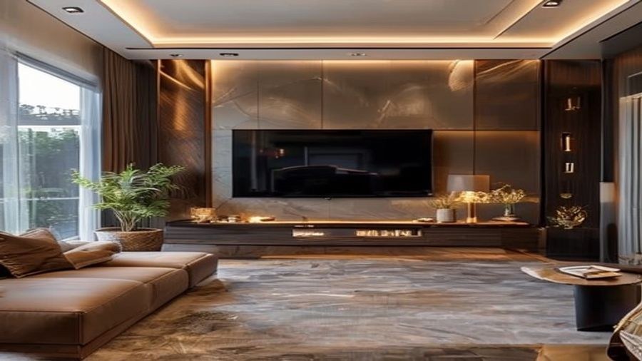 Luxurious 3BHK apartment in Pune with veneer finish TV unit · interior design concept by Design Within