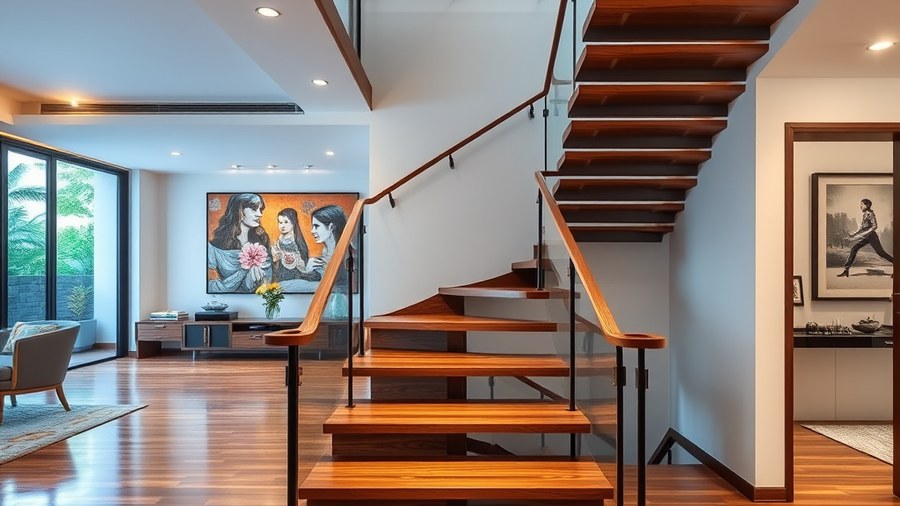 modern engineered hardwood staircase in an Indian home · interior design concept by Design Within