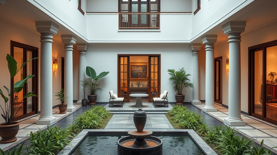 peaceful Indian courtyard with Vastu-compliant water feature · interior design concept by Design Within