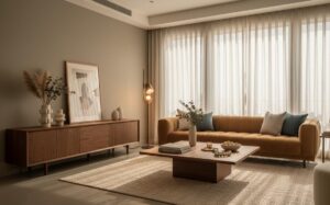Paint colours and furniture coordination in a modern Indian living room.
