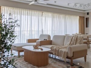 Modern Pune apartment interior with coordinated wall paint, furniture and wood finishes.