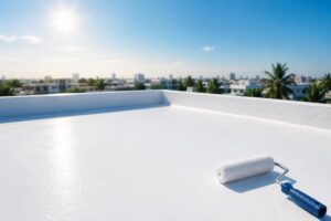 Finished light-coloured reflective roof coating on a modern home terrace