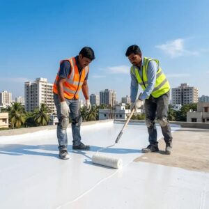 Professional applying reflective cool-roof coating to a concrete terrace