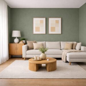 Sage green wall colour with beige furniture and natural wood finishes.